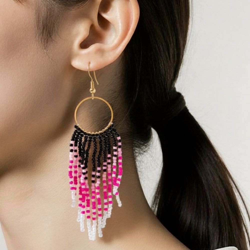 Pink Beaded Tassel Earrings Boho Western Cowgirl Fringe Statement Jewelry Gift